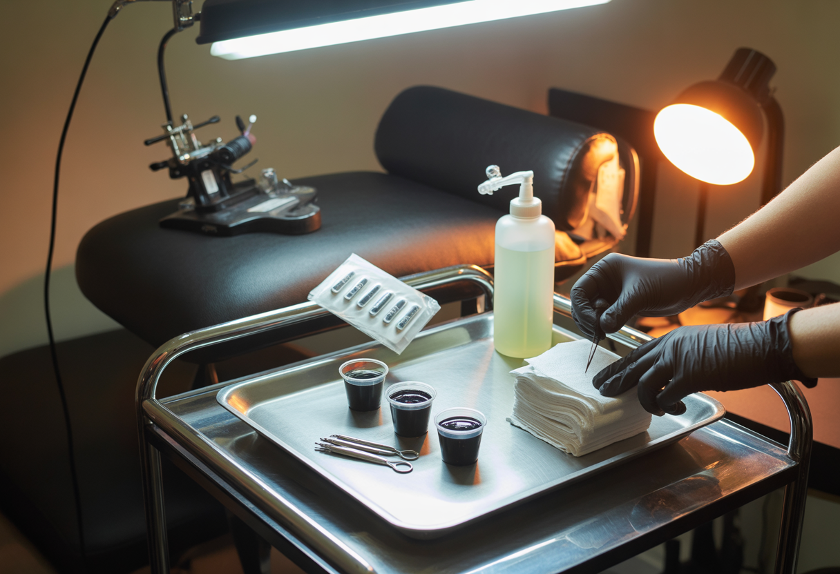 Seans öncesi hazırlanan dövme çalışma istasyonu