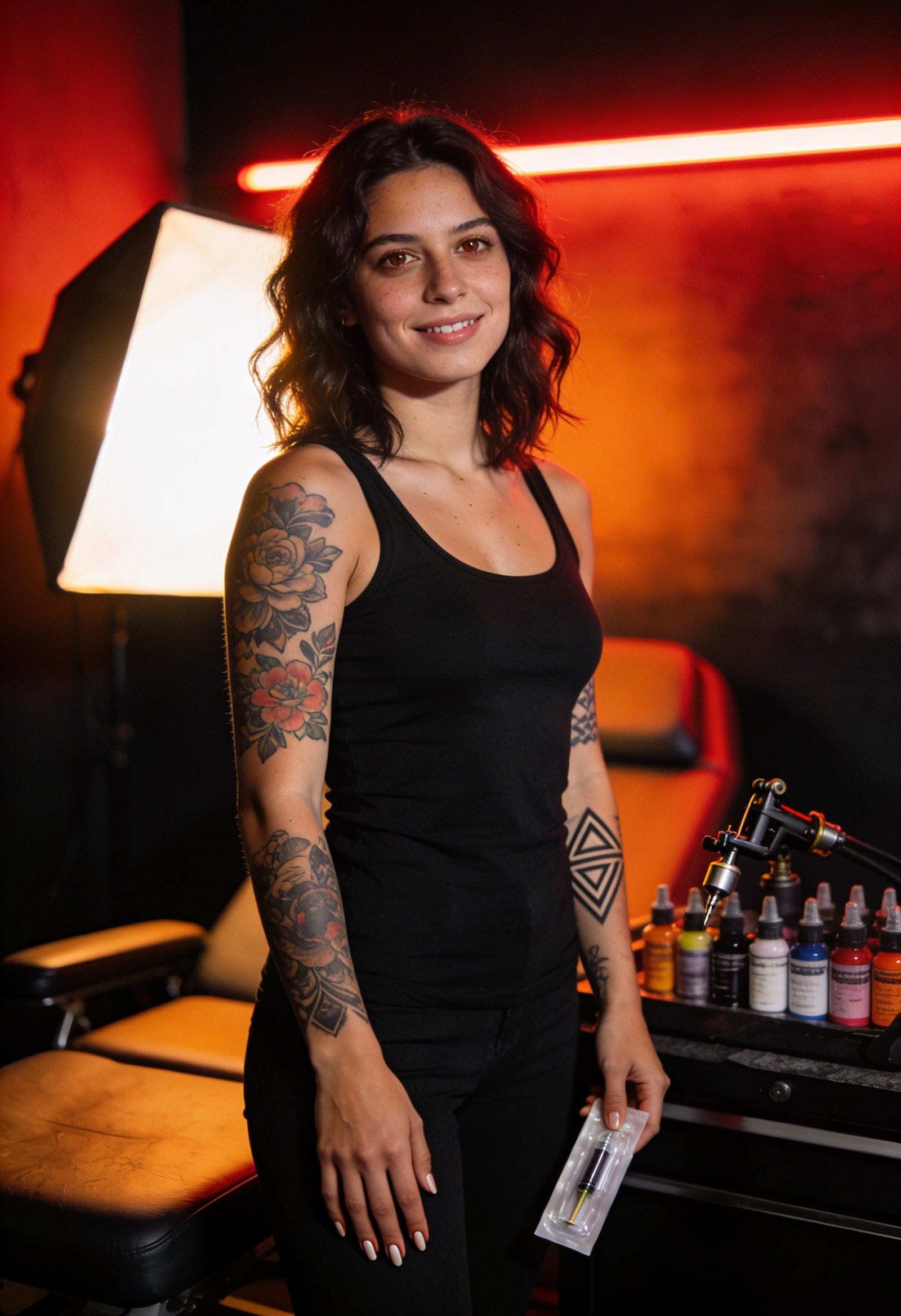 Kırmızı neon ışıkta duran kadın dövme sanatçısı