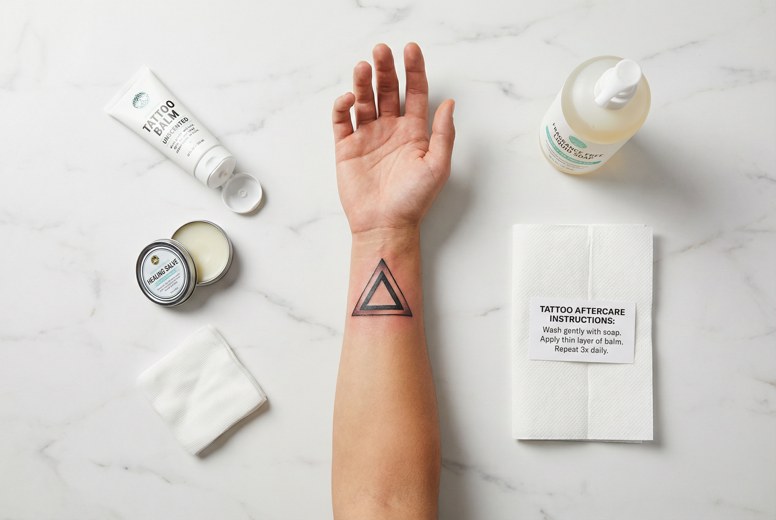 Taze dövme bakım ürünleri düz serimi görüntüsü